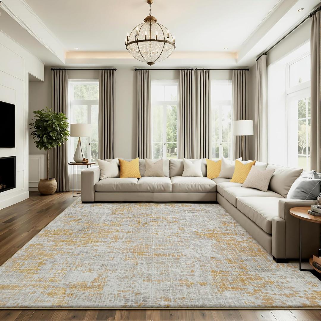 ILANGO Area Rug 8x10 ft for Living Room Bedroom Machine Washable Rugs with Non Slip Backing High Traffic Indoor Carpet for Dining Room Dorm Non-Shedding & Fade Resistant Modern Rugs (Modern - Light Gold)