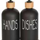 Glass Soap Dispenser Set. Hand and Dish with Bamboo Tray. Vintage Pump for Kitchen Drain Outlet Bathroom. Stylish Permanent Labels (Matte Black)