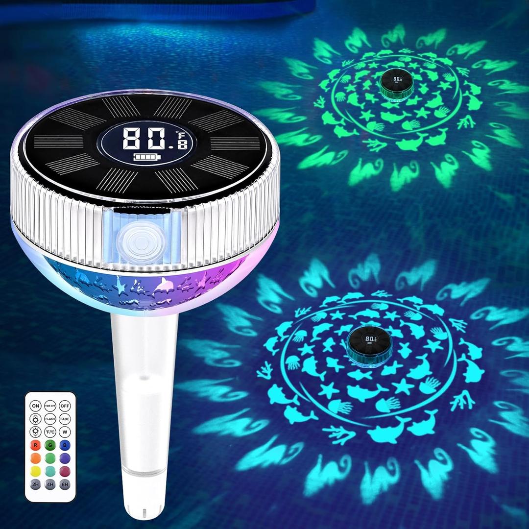 Likiyol 2025 Upgrated Solar Digital Pool Thermometer Floating Easy Read with Light Show & Remote, Sea Animal Pool Temperature Thermometer IP68 Waterproof for Pools Ponds Hot Tubs