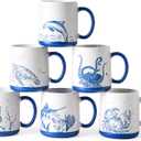 AmorArc Large Coffee Mugs Set of 6, 18oz Ceramic Coffee Cups with Sea Life Textured Patterns for Tea Latte Cocoa. Easy to Hold&Clean, Dishwasher&Microwave Safe, Matt White