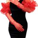 Super Puff Sheer Long Gloves Oversize Tulle Mesh Gloves for Cocktail Opera Party Gloves with Ruffle Long Sleeve (Red)