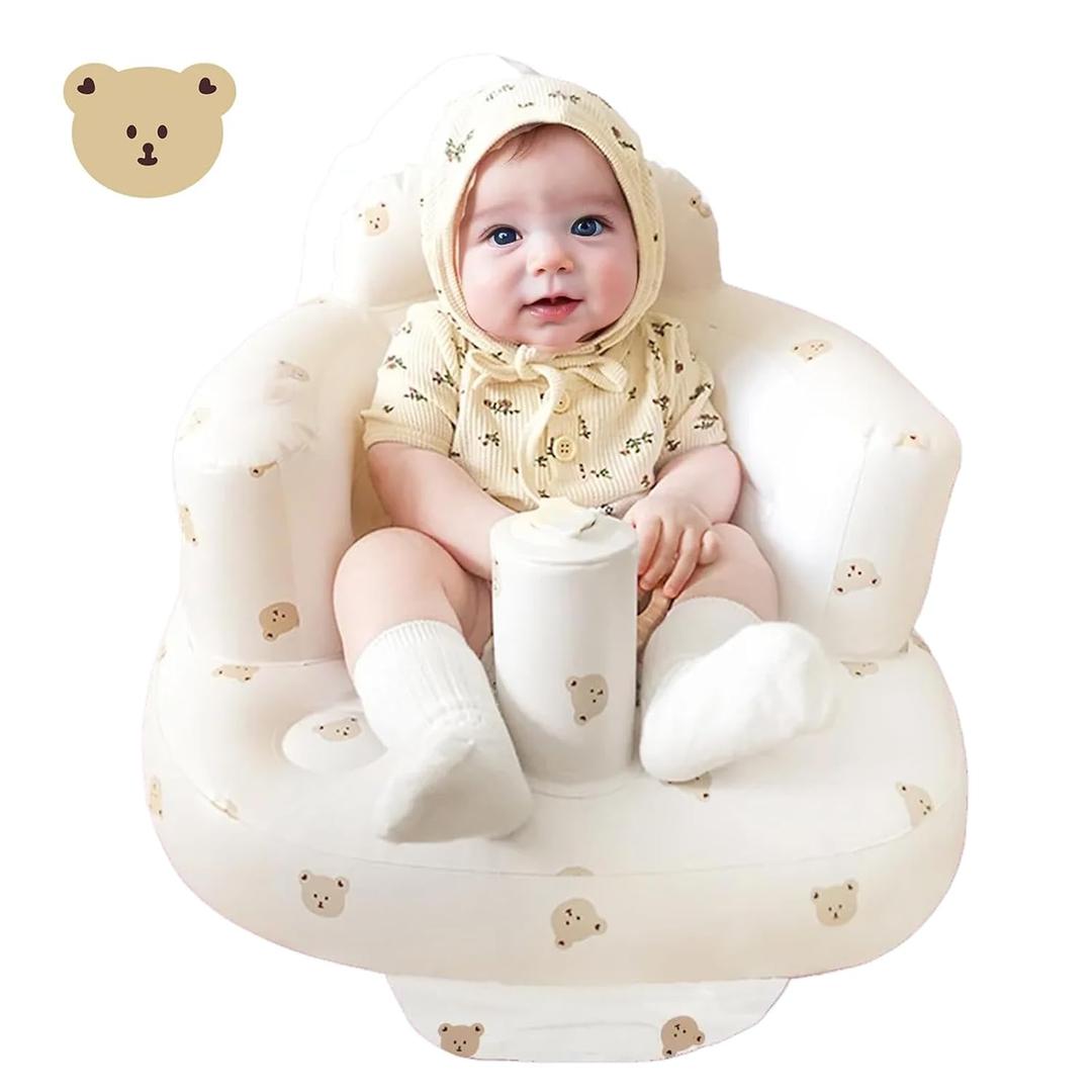 Inflatable Baby Seat - Infant Safety Support, Blow Up Baby Floor Seat with Built in Air Pump- Perfect for Travel, Beach, Camping - Ideal for Babies 3 Months and Up (Bear Cub)