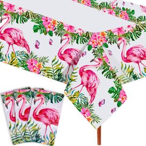 Hawaiian Flamingo Table Cloths, 3 Pack Disposable Plastic Rectangular Jungle Leaf Table Cover, Tropical Aloha Luau Theme Decorations for Summer Beach Pool Kids Birthday Cocktail Party Supplies