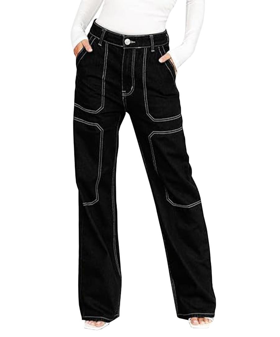 Women's High Waisted Baggy Jeans Stretch Washed Stitching Cargo Straight Denim Pants 36