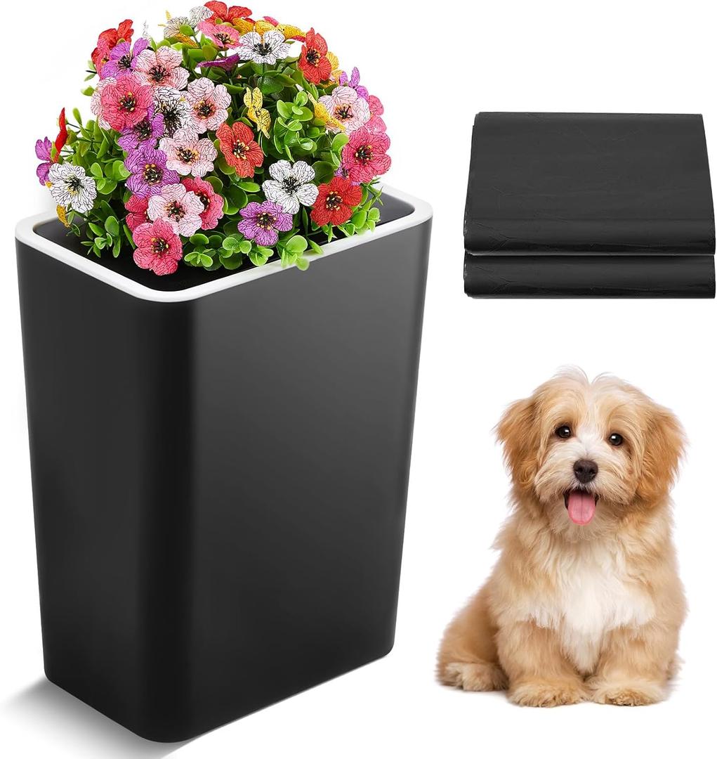 Jingmore Dog Poop Trash Can Outside 3.96 Gal/15 L Plant Styled Dog Waste Trash Can with Lid 50 Pcs Plastic Waste Bags Outdoor Indoor Poop Container Slim Garbage Bin for Yard Garden Pet (Flower Black, 3.96 Gal/ 15 L)
