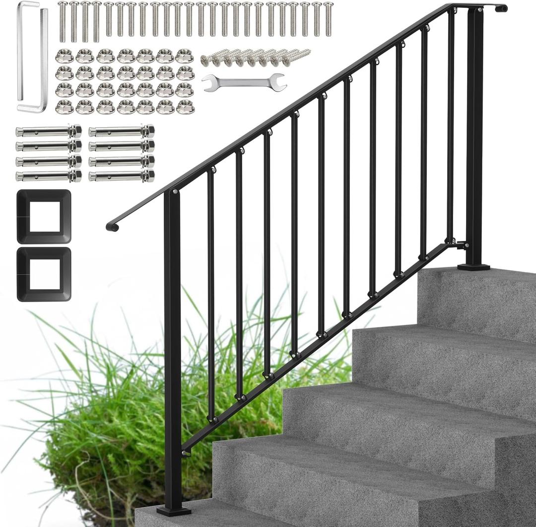 Outdoor Stair Handrails, 5 Steps Black Wrought Iron Railing Kits for Concrete or Wooden Porch Steps