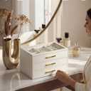 VLANDO Jewelry Box for Women, 3-Layer Jewelry Organizer with Drawers, Glass Lid Display Jewelry Storage, Soft PU Leather Exterior, Contrast Gold Metal Handles, Refined Style - Cloud White