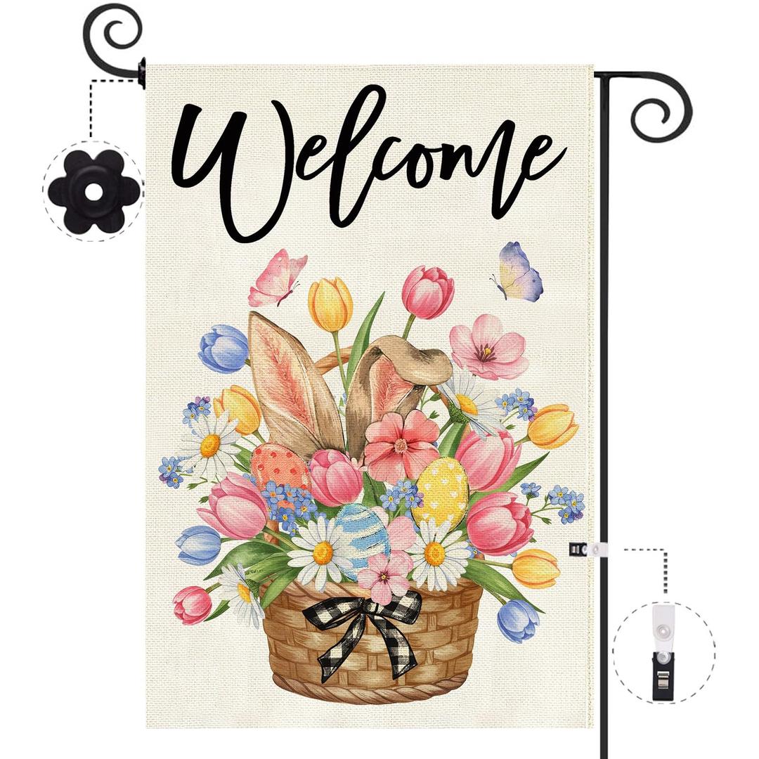 Baccessor Easter Garden Flag 12x18 Inch Double Sided Burlap Outside,Easter Eggs Bunny Spring Tulip Flowers Welcome Yard Holiday Flag