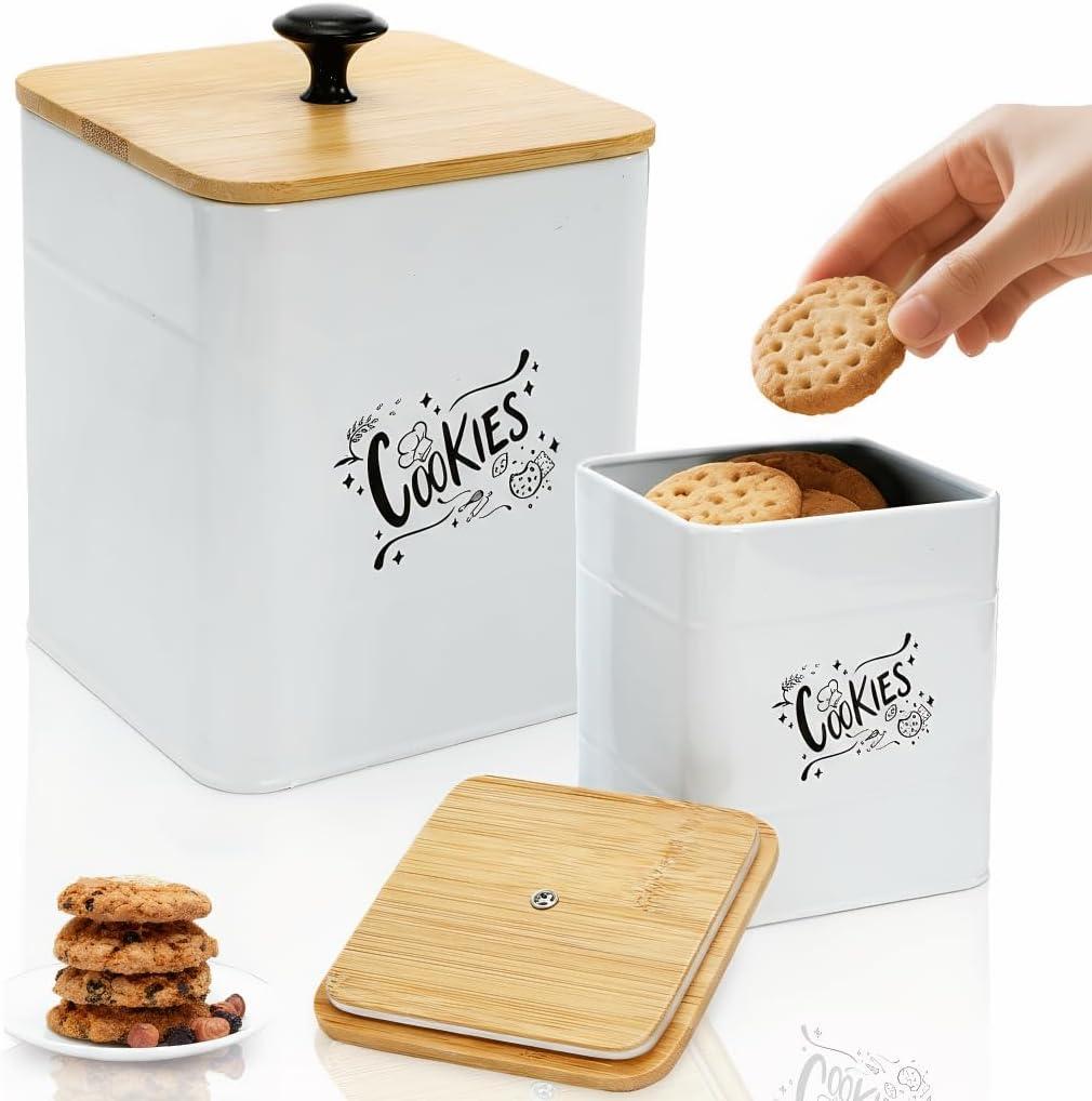 Goaste 2 Sizes Metal Cookie Jars with Lid, 101 & 54 OZ White Candy Cookie Tins, Decorative Food Storage Containers, Vintage Cookie Canister with Wide Opening for Kitchen Counter, Pantry, Gift Giving
