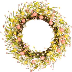 22 Inch Classic Easter Wreath, Eggs Wreath for Front Door with Pink Yellow White Wildflowers and Berries Spring Summer Door Wreath for Outside Porch, Farmhouse Easter Home Decor