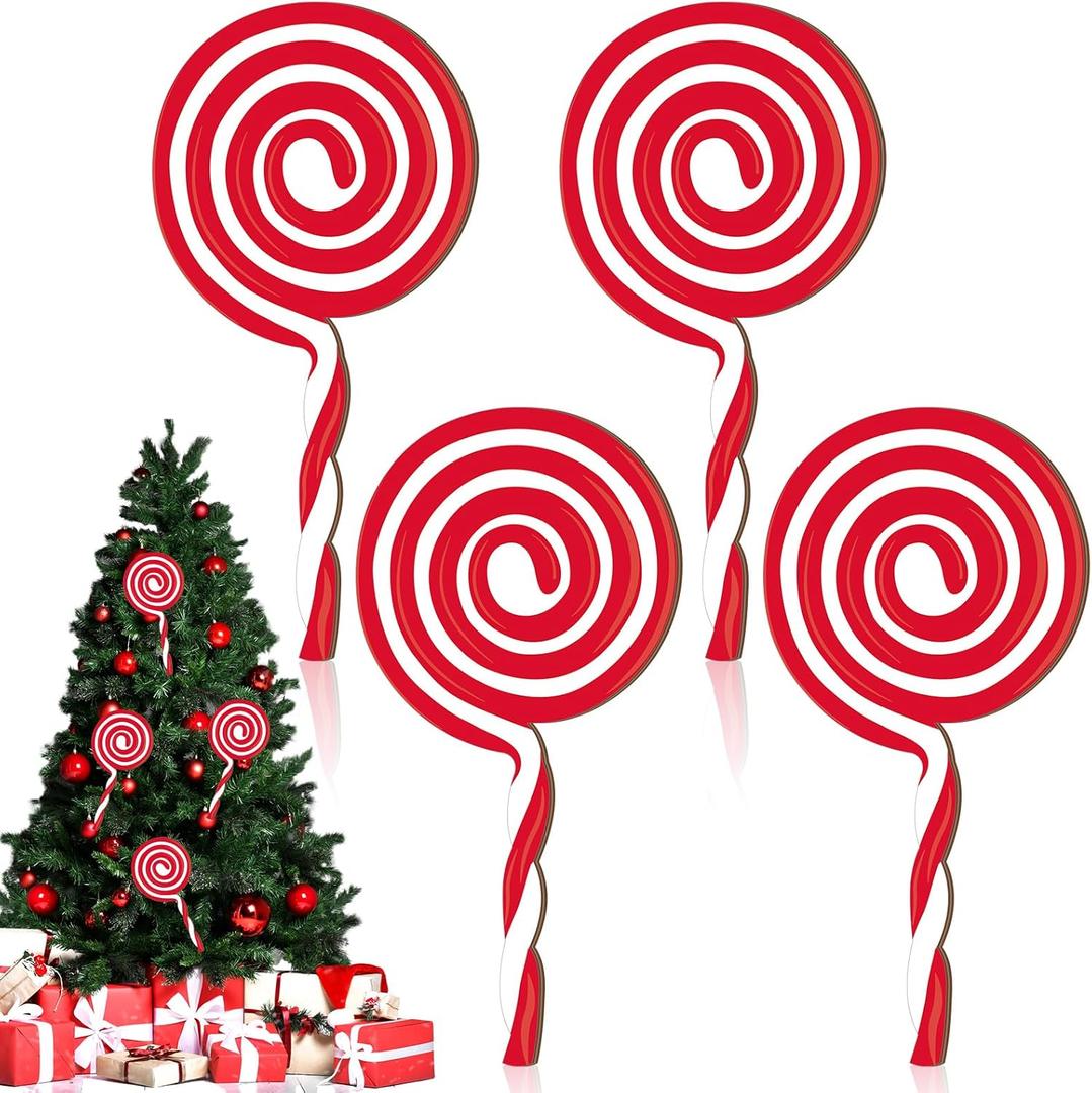Soaoo 4 Pcs 12 Inch Large Christmas Candy Cane Ornaments Wooden Peppermint Lollipop Christmas Picks for Tree Red White Candy Picks Hanging Ornaments for Xmas Tree Holiday Party Home Vase Decorations