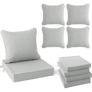 Summsun Patio Cushions for Outdoor Furniture, Faux Linen Water Resistant Backrest and Deep Seat Cushion Set with Non-Slip Bottom, Ties, Removable Cover, 22 x 22 Inch, Light Grey, Set of 4