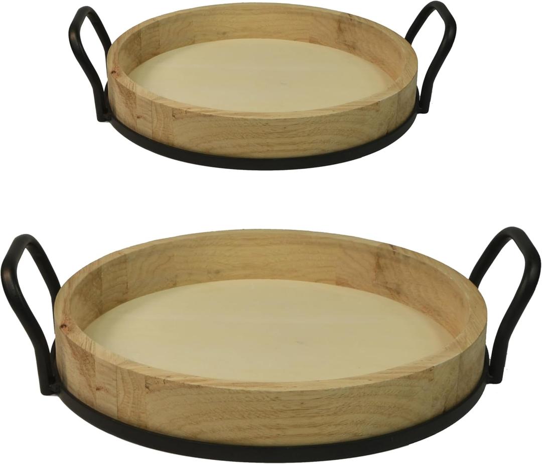 Wooden Serving Tray, Breakfast Tray, Round Wooden Trays with Handles, Used in Bedroom, Kitchen, Bathroom, Coffee Tables, Hospital, Outdoors, Restaurant. (15.7 Inches + 12 Inches,2 PC Set)