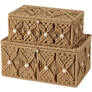 2PCS Macrame Boho Storage Basket with Lid Organza Gift Bags Decorative Bohemian Jewelry Box Bin Handmade Woven Natural Cotton Makeup Organizer Shelf Container (Khaki, 1 Large 1 Small) (Khaki (Decorated with Wood Beads))