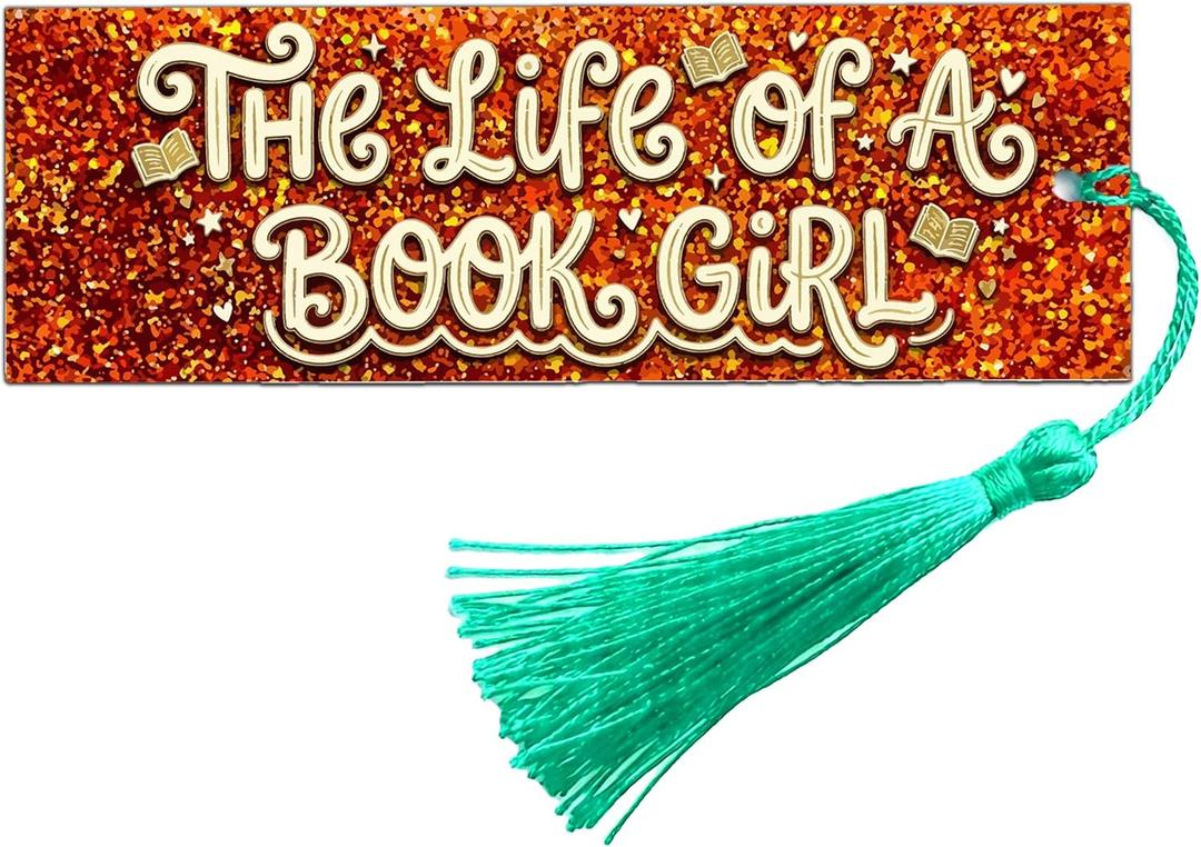 Sparkly Glitter Acrylic Tassel Bookmark - Show-Style Page Marker with Gold & Orange Shimmer, Bookish Accessories for Women Readers - “The Life of a Book Lover”