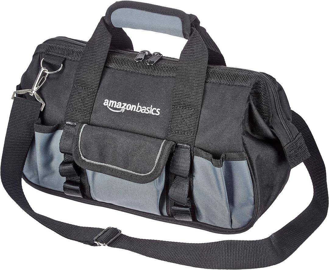 Amazon Basics Durable Wear-Resistant Tool Storage Bag with Adjustable Shoulder Strap, Portable Tool Organizer, 16 Pockets, 12 in, Black & Gray (Small Standard Bag)