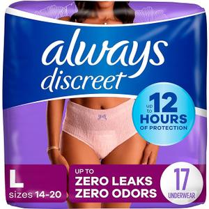 Always Discreet Adult Diapers for Women, Incontinence Underwear, Postpartum Essentials, Disposable Briefs, Max Absorbency, Bladder Leak Protection, Large, 17ct