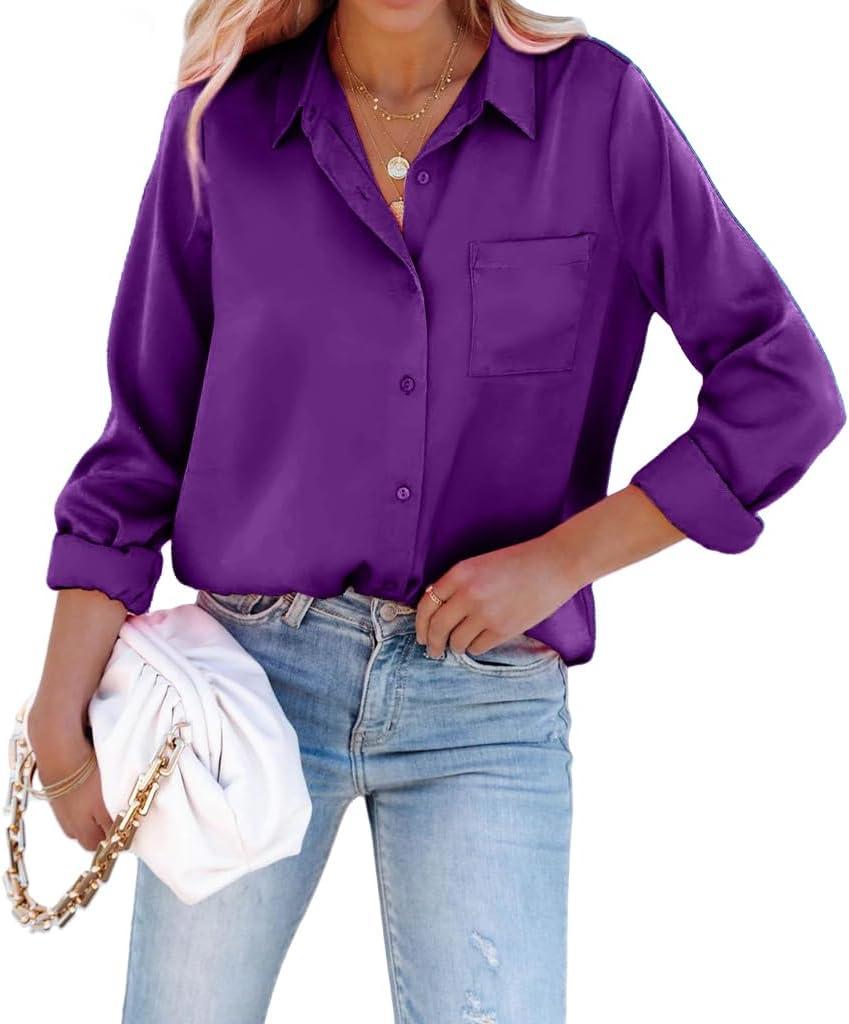 Satin Button Down Shirts for Women Long Sleeve Slim Fit Office Blouses Casual Business Silk Tops with Pocket S-XXL (Purple, S)