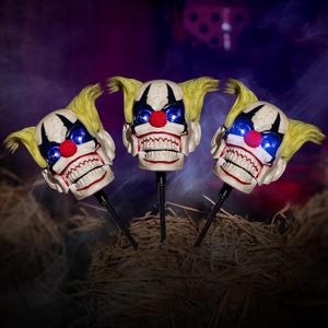 Halloween Animatronic Clown Decorations  3 Pack Talking LED Pathway Markers with Moving Mouth & Light Up Eyes  Outdoor Scary Yard Stakes for Halloween Party, Haunted House, Lawn Decor, Horror Prop