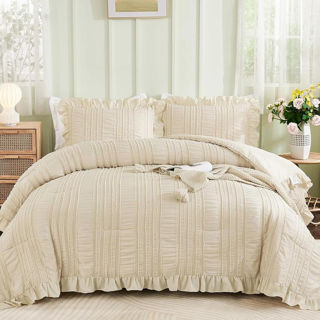 WONGS BEDDING Beige Textured Comforter Set King,3 Pieces Ruffle Farmhouse Shabby Chic Comforter for Queen Bed,Soft Seersucker Boho Bedding Set with 1 Ruffle Comforter,2 Tufted Pillowcases 104"x90"