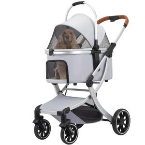 Pet Stroller for Small/Medium Dogs Cats up to 40lbs with 4 Wheels -Zipperless Entry, Easy Fold, Detachable Carrier, Large Capacity Storage Basket (Grey)