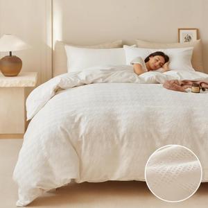 BISELINA 100% Cotton Waffle Weave Duvet Cover Set – Houndstooth Pattern, Soft & Lightweight Farmhouse Bedding, Breathable for All Seasons, 3PCS (1 Duvet Cover & 2 Pillow Shams) – White, King Size