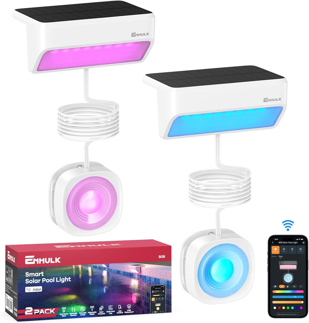 Enhulk Pool Lights with APP Control - 43+ Color Scenes & Timer, IP68 Waterproof Above Ground Pool Light,Poolside Solar Light, RGBW Solar Pool Lights for Garden, Pond, Patio (White 2-Pack)