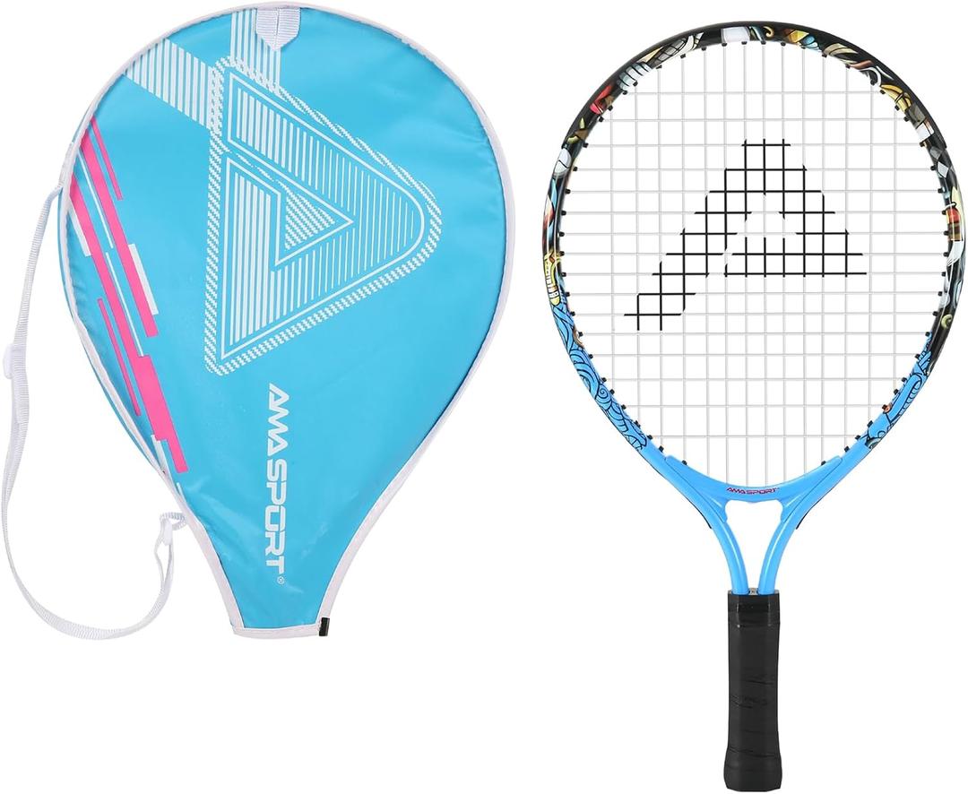 AMA SPORT Kids Tennis Racket for Junior Toddlers Starter Kit 17-25" for Girl Pink and Boy Yellow with 420D Nylon Shoulder Strap Bag, Graffiti Blue 23"