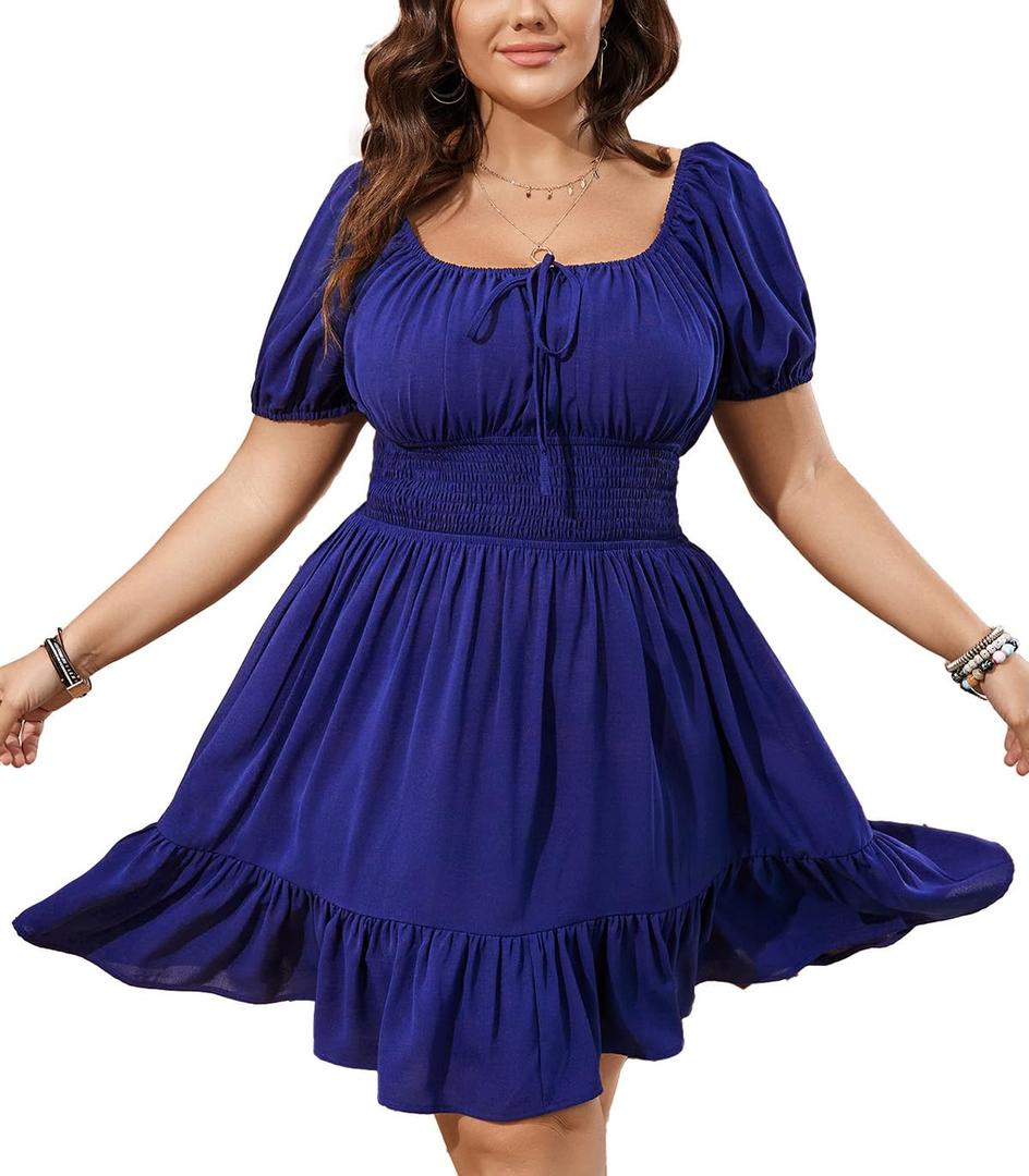 SCOMCHIC Womens Plus Size Mini Dress Square Neck Puff Short Sleeve Casual Summer A Line Boho Cute Spring Short Dresses Royal Blue (Blue, XXXL)