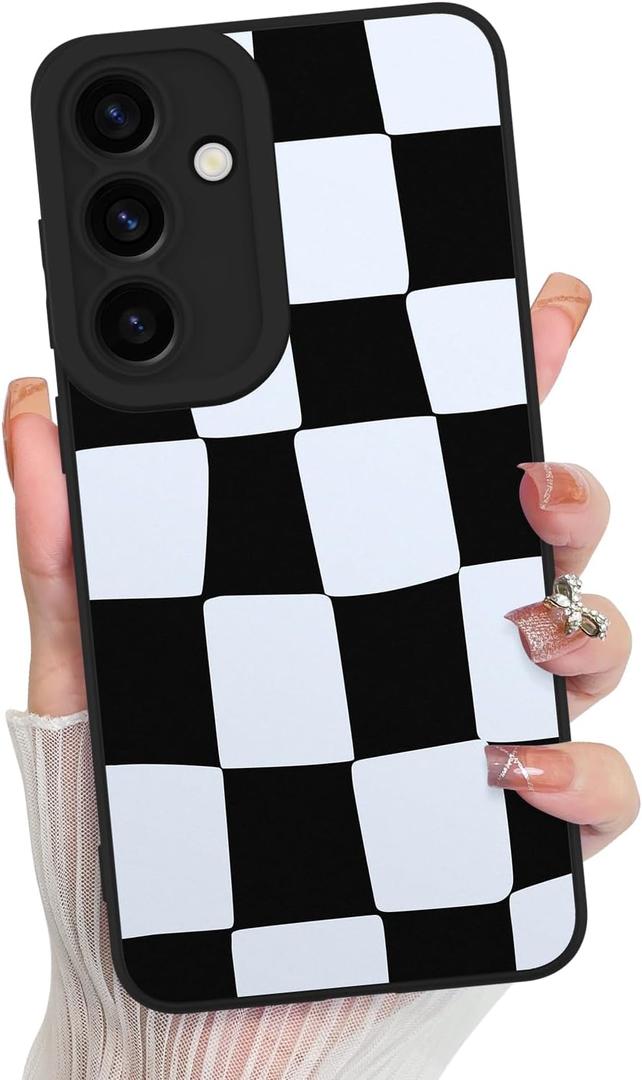 KANGHAR Compatible with Samsung Galaxy S24 Fe Case, Silicone Checkered Cute Pattern, Camera Protection Soft Slim Phone Case for Girls Women -Black and White