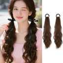 2PCS Curly Ponytail Extension with Ribbon Bow 17 Inch Resistant Synthetic Natural Wavy Hairpiece Long Curly Wavy Hair Piece Brown Pony Tail Hair Extensions for Women
