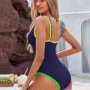BMJL Women's One Piece Swimsuit Sports Adjustable Strap Bathing Suit Color Block Ribbed High Cut Swimsuits (Blue, S)