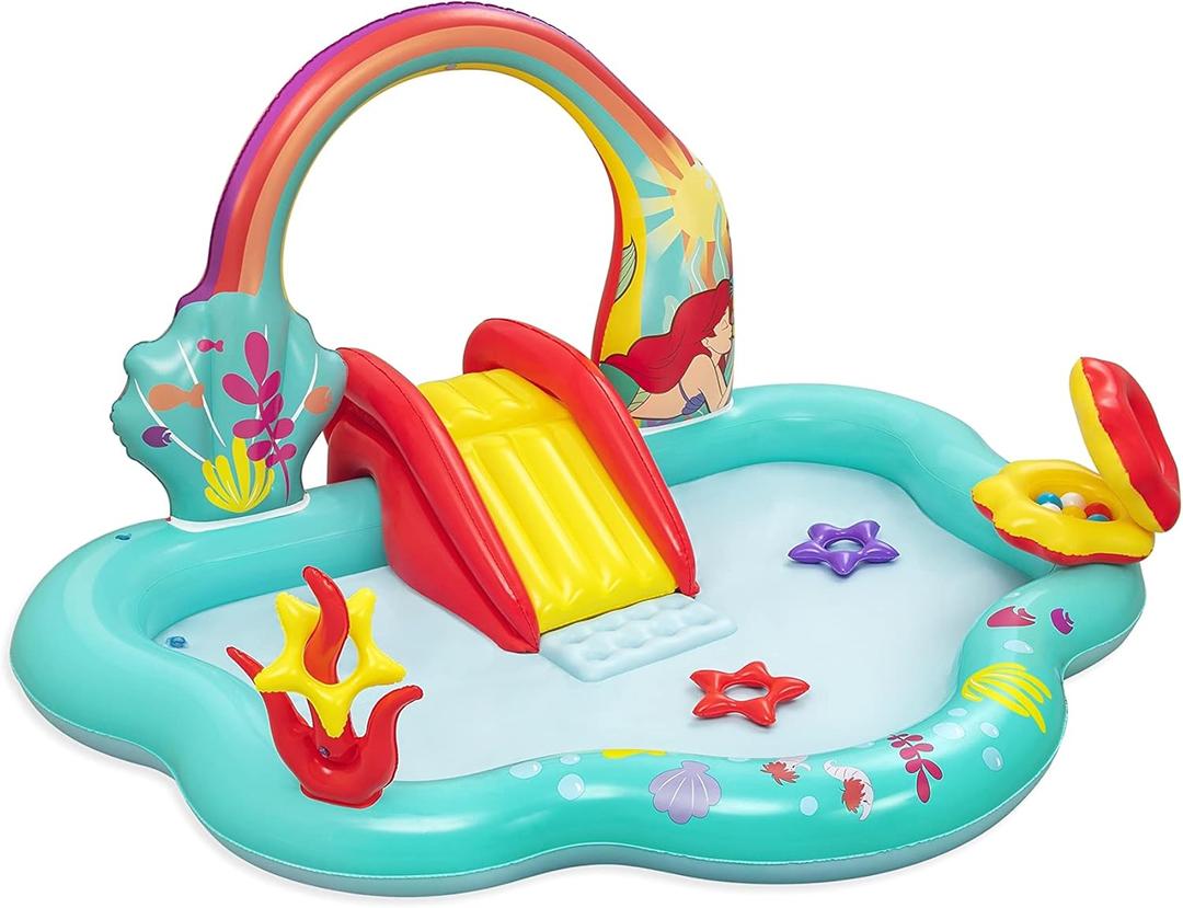 Disney Little Mermaid Inflatable Kids Water Play Center Activity Pool with Slide, Ring Toss, and Ball Toss Game for Kids 2 and Up