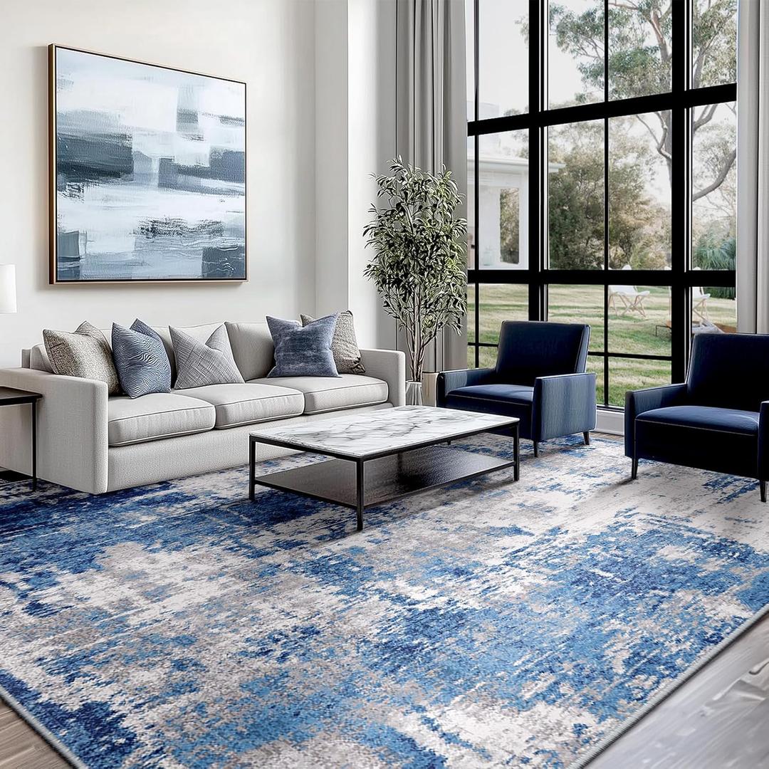 Washable Area Rugs 8'x10' Non-Slip Modern Abstract Soft for Living Room Entryway Bedroom, Print Pattern, Blue Grey Navy Gray