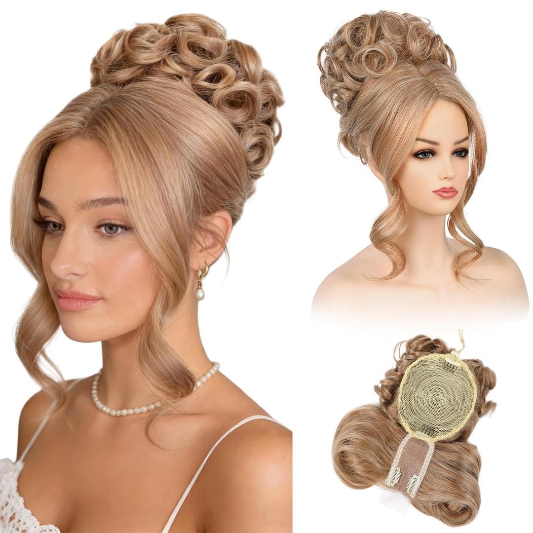 REECHO Messy Bun Hair Piece with Bangs - 2-in-1 Hair Bun Hairpieces Curly Updo Wig & Hair Topper with Long Side Bangs Natural-Looking Drawstring Ponytail Extension for Women - Dark Blonde