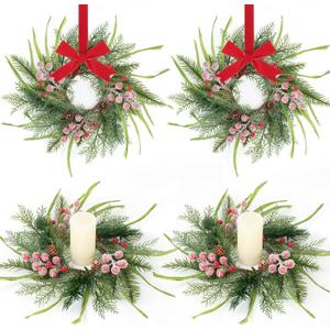 4 Pcs 9 Inch Christmas Wreaths for Kitchen Cabinet Artificial Norfolk Pine Hanging Wreath with Red Berry Pine Needles for Front Door Xmas Snowy Swags Wreaths for Christmas Winter Farmhouse Home Decor