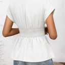 Astylish Women's Elegant Wrap V Neck Peplum Tops Cap Sleeve Stretchy Ruched Ruffle Dressy Blouses Shirts (White, L)