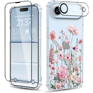 for iPhone 17 Air Case,[3 in 1] with Screen Protector & Camera Lens Protector, Flower Pattern Design,Clear Soft Shockproof Slim Floral Phone Cover for Women Girls 2025 6.5" (Mallow/Pink)