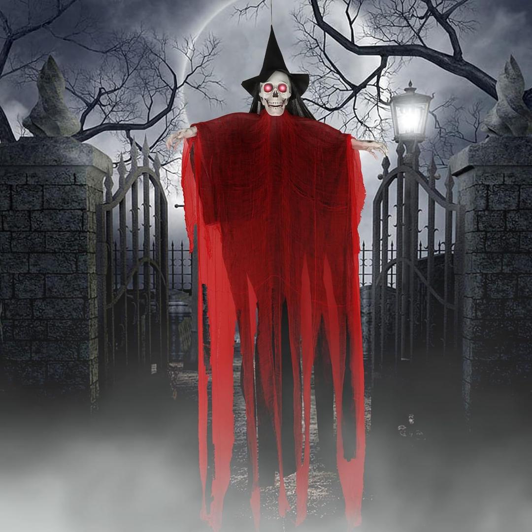 Halloween Decorations Outdoor - 78 Moving Life-Size Skeleton Witch with Glowing Eyes & Chilling Sounds - Sound & Touch Activated Sensor - Animatronic Scary Props Decor for Halloween