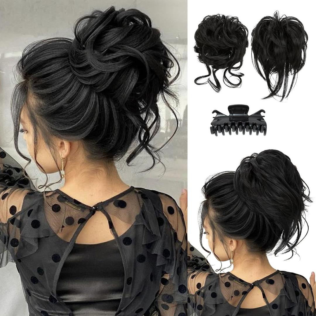 SARLA 2PCS Black Messy Bun Hair Pieces for Women Detachable Claw Clip Wavy Curly Synthetic Hairpieces for Updos with Tendrils Fake Scrunchies Ponytail Extension