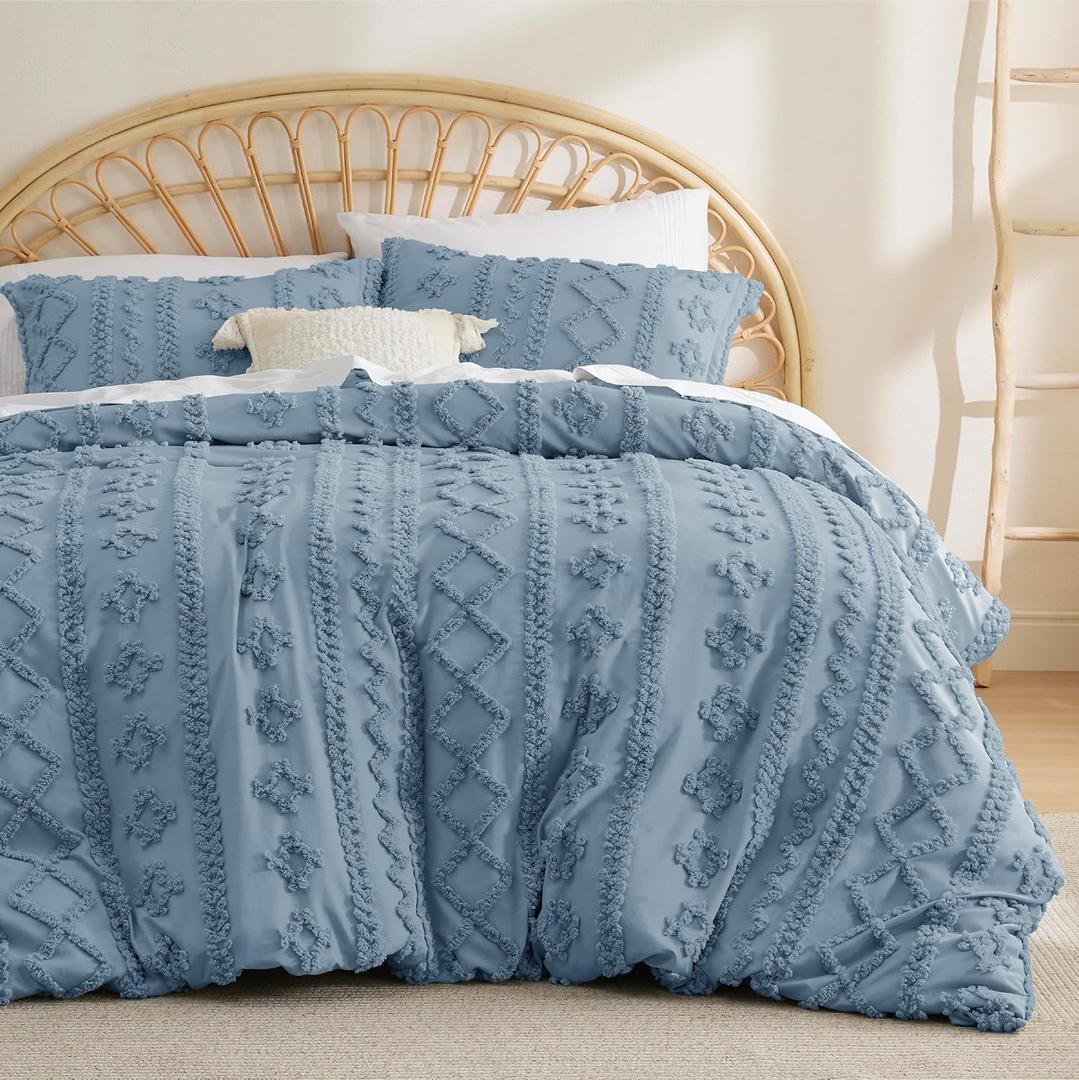 Bedsure Boho Duvet Cover King Size - Tufted King Duvet Cover Set for All Seasons, 3 Pieces Soft Shabby Chic Embroidery Boho Bedding, Comforter Not Included (Dusty Blue, 104" x 90") (King (104" x 90"), 04 - Dusty Blue - Elegant (No Comforter))