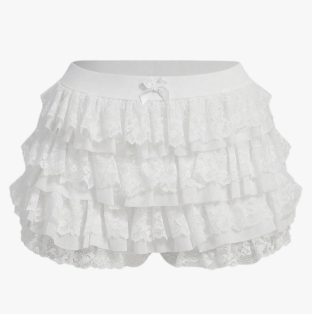 BEAUDRM Women's Y2k Ruffle Shorts Lace Lolita Bloomers Elastic Waist Bow Front Shorts Micro Boyshorts Solid White Small