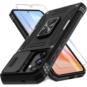 DEERLAMN Case for Samsung Galaxy S25 6.2-Inch with Slide Camera Cover+Screen Protector (1 Pack), Rotated Ring Kickstand Military Grade Shockproof Protective Cover-Black