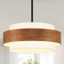 20'' Farmhouse Chandelier, 5-Light Drum Chandelier Round Pendant Light Fixture with Fabric Shade, Wood Grain Rustic Chandeliers for Dining Room Bedroom Living Room Foyer Entryway