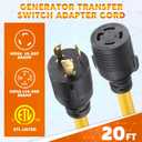 Kanayu 20ft Generator Transfer Switch Adapter Cord Compatible with NEMA L5-30p to L14-30r, 30 Amp Locking 3 Prong to 4 Prong Adapter Rv Generator to House Inlet Box, STW 10 Awg, Etl Listed