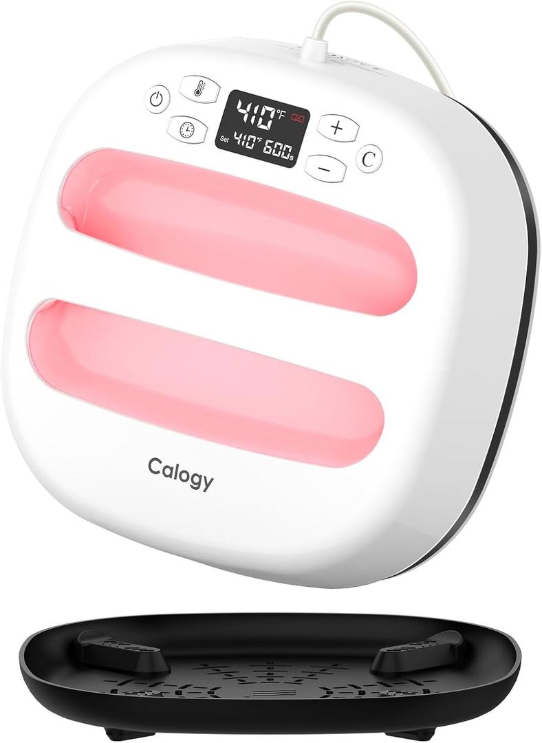 Calogy Heat Press Machine for T-Shirts 10"X10", Portable Heat Press Fast Up to 410(210 C), Precise Temp Control, 15 Mins Auto Off for Bag, Pillows, Sublimation Vinly Transfer (White Pink-10 * 10IN)