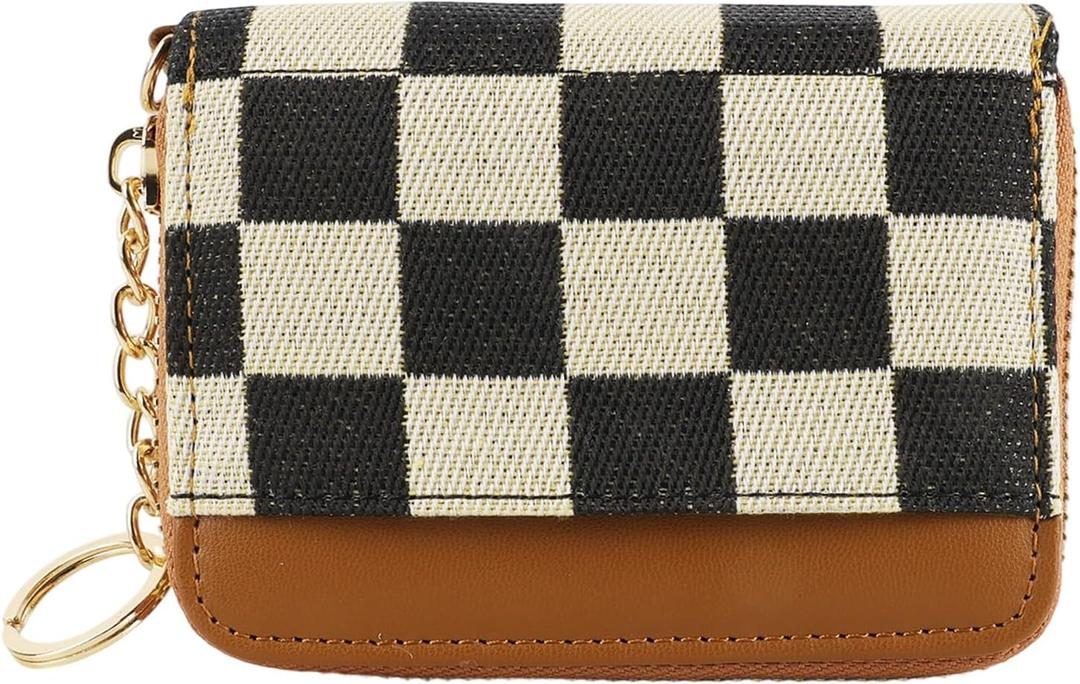 Women's RFID Blocking Checkered Wallet-PU Leather,9 Card Slots,Keychain|Compact Large Capacity,Minimalist Zipper Coin Pocket|Secure for Travel&Daily Use|Durable&Stylish Card/Cash/Organizer(brown)