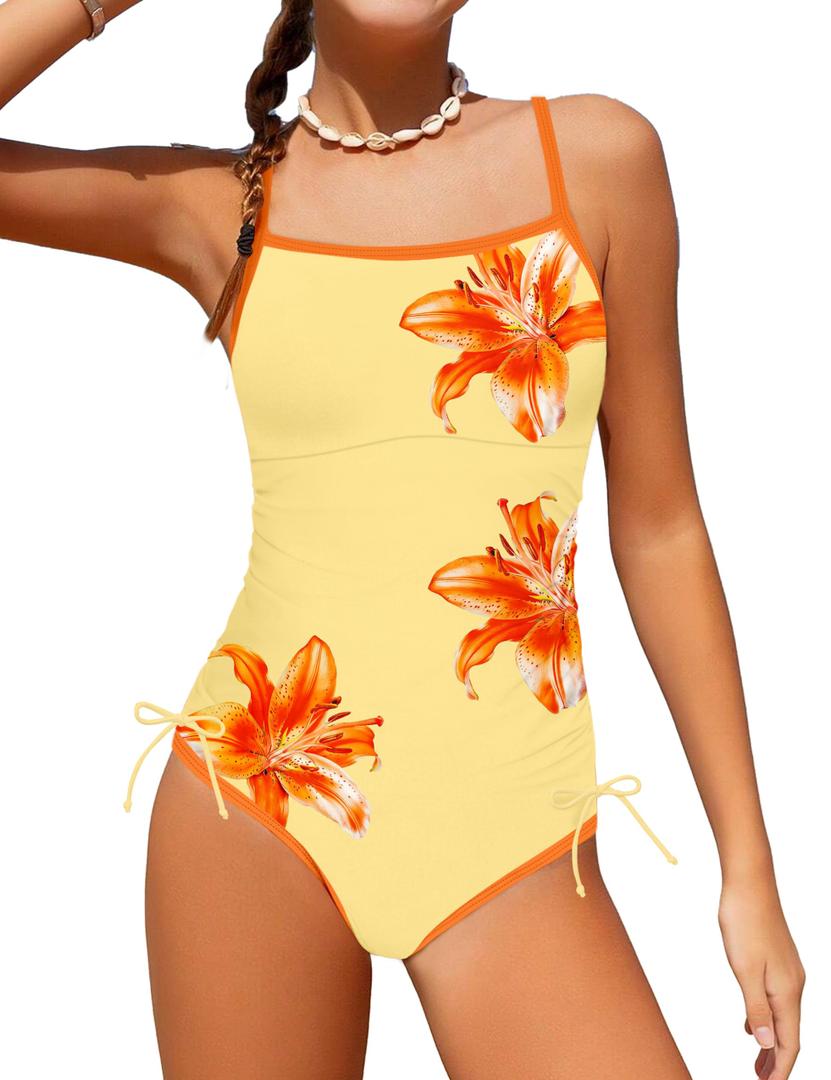 TyeSmo Girls Swimsuits Size 111-12 One Piece Color Block Strap Tween Bathing Suits Swimsuits for Girls 10-12 Girl Swimsuit Size 10 Drawstring Swimwear Girl Bathing Suit with Padded Yellow