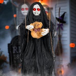 4.9FT Halloween Scary Decorations Outdoor,Hanging Swinging Doll Girl with Sound & Slap Activated/Creepy Sound/Light Up Eyes,Creepy Halloween Hanging Ghosts for Indoor, Outdoor,Haunted House Decor
