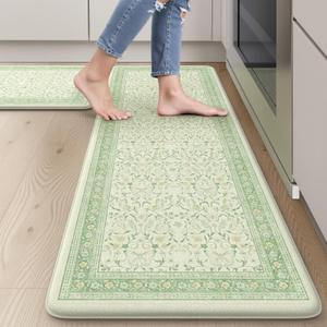 Butterfly Anti Fatigue Kitchen Mats for Floor 2 Piece, Cushioned Kitchen Floor Mat Non Slip, Vintage Comfort Waterproof Green Standing Desk Rug for Sink Laundry (17.3" x 47 "+ 17.3" x 29 "--0.47 inches) Light Green